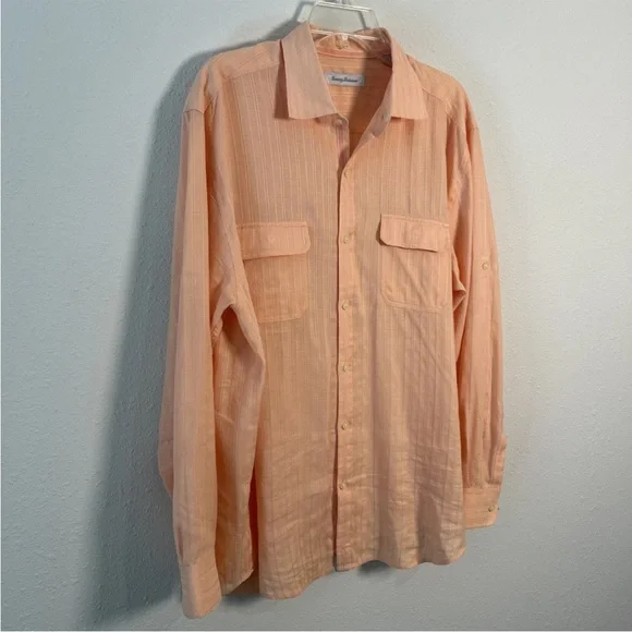 Tommy Bahama Men’s Large Striped Light Orange Linen Blend Button Up Shirt - Picture 8 of 14